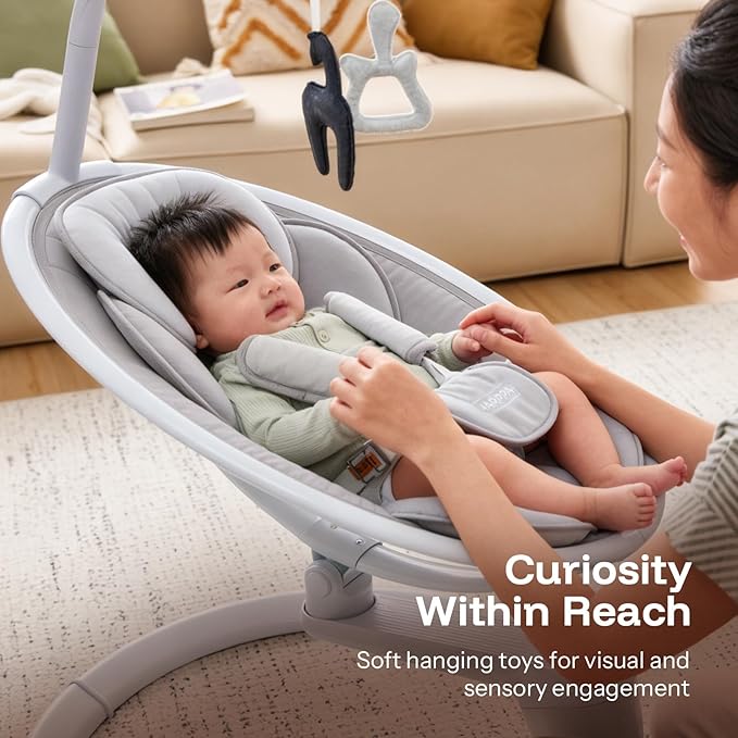 HARPPA Weddell Plus Electric Baby Swings for Infants and Newborns, Eye-Level Baby Swing 5 Speeds and Remote Control 10 Built-in Melodies, 2 Seat Positions & 180° Rotation for Indoor Use, Light Gray