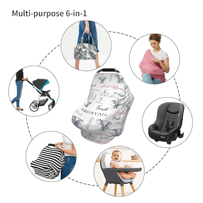Personalized Baby Car Seat Covers for Babies, Custom Elephant Nursing Breastfeeding Carseat Canopy with Name, Infant Stroller Covers for Newborn Girls Boys, Breathable Carseat Cover