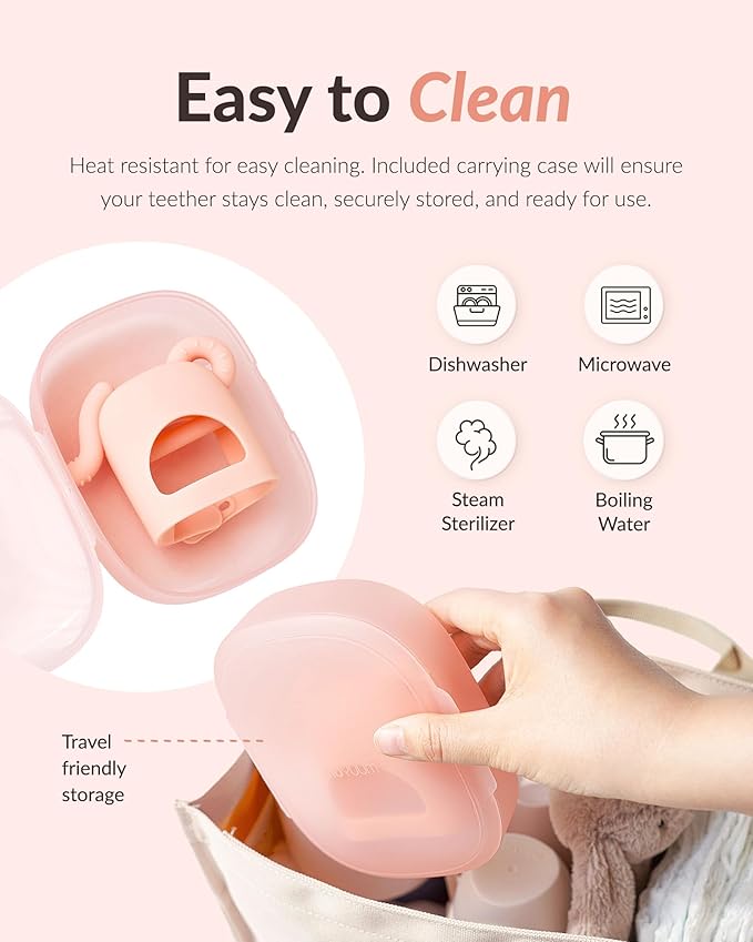 Moyuum Silicone Elephant Grip Hand Teether Toy | Made in Korea, Provides Teething Relief, Wearable Teether is Easy to Hold, Drop Resistant with Adjustable Wrist Strap, Babies 3+ Months, Pink