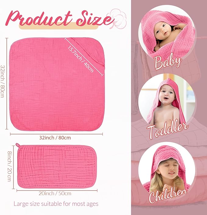 VitalCozy 12 Pcs Baby Muslin Hooded Bath Towels and Washcloths, Muslin Hooded Baby Towels Absorbent Blankets for Gift Newborn Infant Shower (Vibrant Colors)