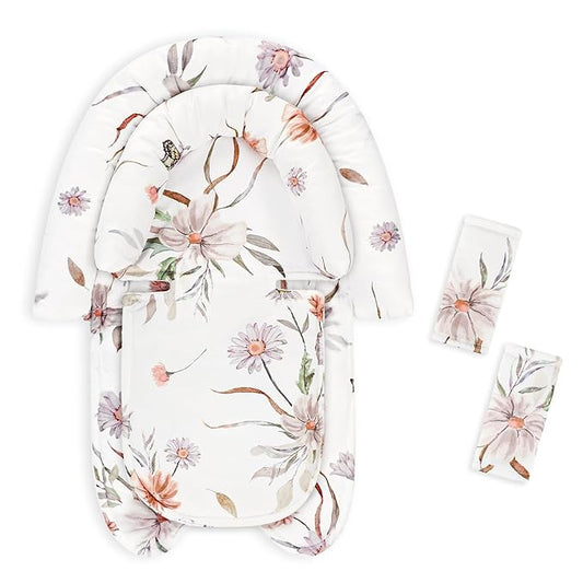 2-in-1 Infant Car Seat Insert, Upgraded Newborn Carseat Insert, Breathable & Soft Baby Car Seat Head Support with 2 Strap Covers for Girls, Perfect for Carseat, Stroller, Swing, White Flower