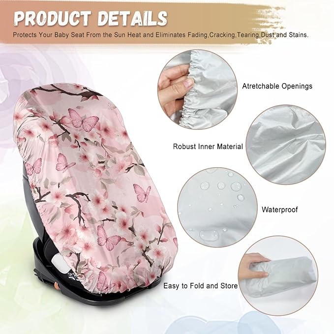Cherry Blossom Car Seat Cover Baby Girl Car Seat Sun Shade Cover Replacement with Pink Butterfly Print, Easy Installation for Baby & Kids