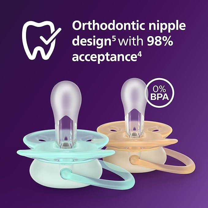 Philips Avent Ultra Soft Pacifiers - Orthodontic Design, for Babies 0-6 Months, Flexible Shield, Silicone Symmetrical Nipple, BPA-Free, 2 Sterilizing Cases, 4 Pack, SCF091/49