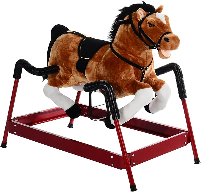 Qaba Durable Plush Toddlers Spring Rocking Horse, Bouncing Rocker Toy with Realistic Sounds