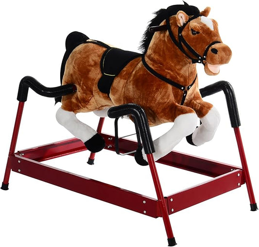 Qaba Durable Plush Toddlers Spring Rocking Horse, Bouncing Rocker Toy with Realistic Sounds