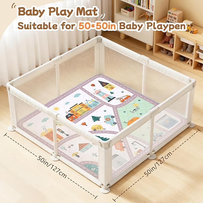 Baby Play Mat for Floor,Soft 50x50 Playpen Mat,Thick Foam Playmat for Tummy Time,Safe Non-Slip Backing for Kids,City Road