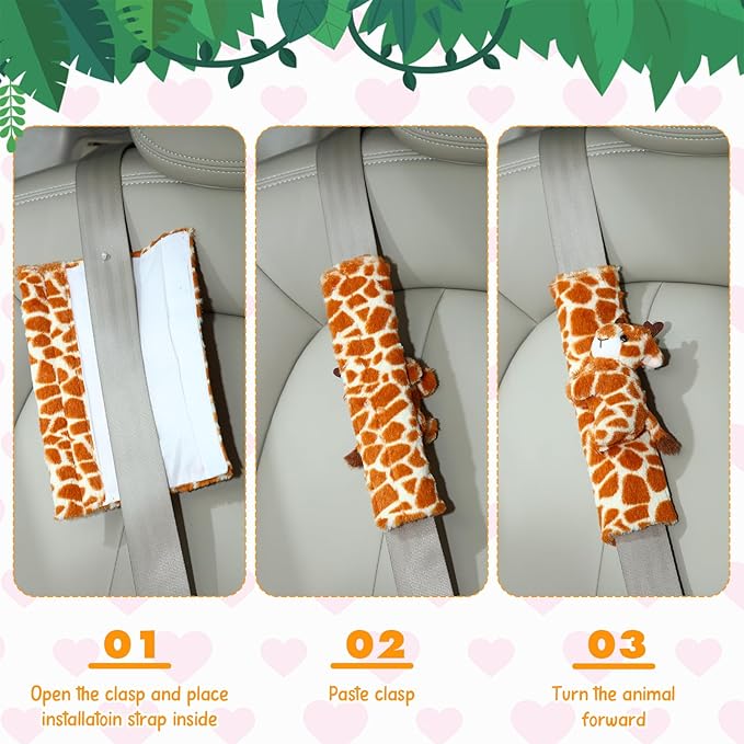 4 Pcs Animal Car Seat Belt Covers Plush Seatbelt Strap Cover Soft Seatbelt Shoulder Pads Seat Belt Cushion Decorative Padded Vehicle Accessory for Kids Adults(Forest)