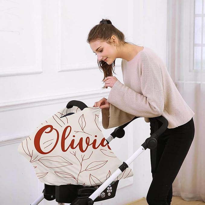 Personalised Car Seat Cover for Babies - Multi-use Carseat Canopy Cover with Name, Orange Leaf Car Seat Covers, Christmas Birthday Gifts for Infant Boys and Girls