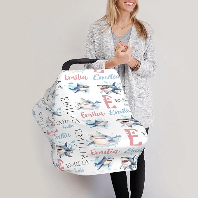 Personalized Baby Car Seat Cover with Name Stroller Canopy Custom Shark Carseat Cover Newborn Baby Boy Girl Nursing Cover for Moms First Birthday Gift
