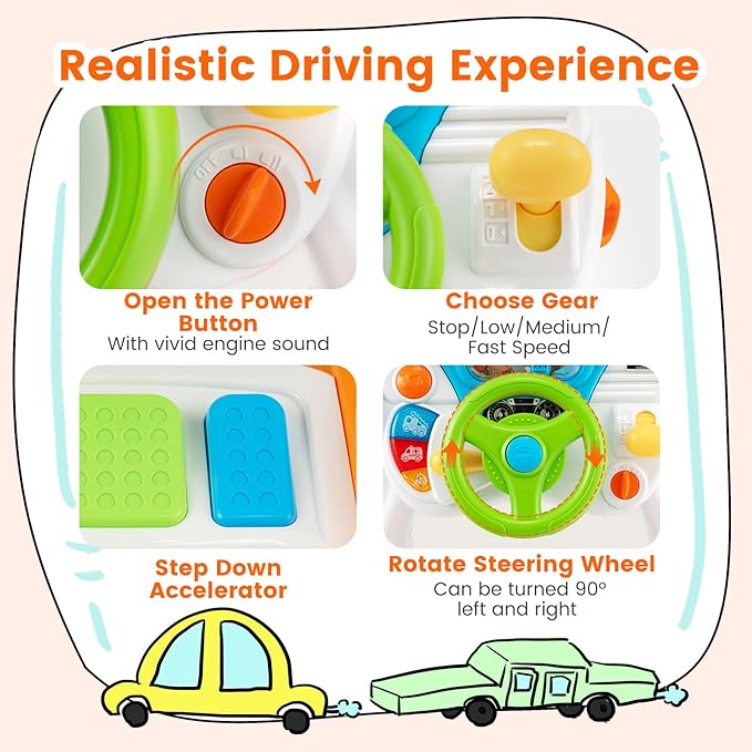 HONEY JOY Steering Wheels Toys for Toddler Boys Girls, Pretend Play Learning Driver Toy Cars for Preschool Baby, Lights & Music, Interphone, Pedal, My First Driving Educational Musical Toy w/Stool
