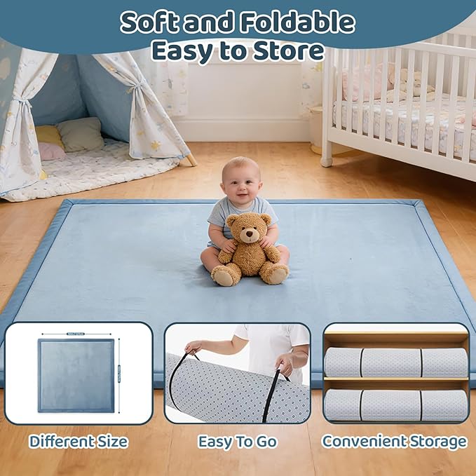 Baby Play Mat for Floor, 1.3 Inch Thick Memory Foam Tummy Time Mat with Non Slip Backing, Soft Coral Velvet 59X71 Inch Playpen Mat Crawling Tatami for Infants Toddlers Kids, Midnight Blue