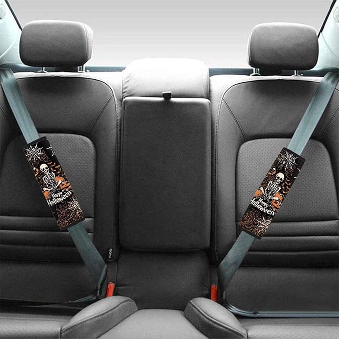 Biyejit Skeleton Webs Car Seat Belt Covers for Women Men Halloween Soft Non Slip Backpack Pads Cushions for Kids Students 2 Packs