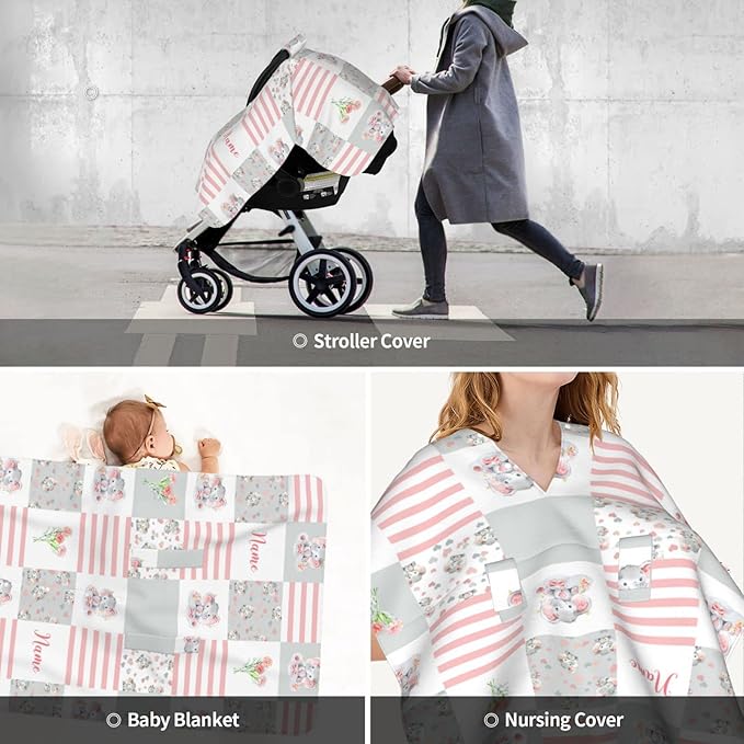 Personalized Floral Elephant Baby Car Seat Canopy for Babies with Name, Custom Patchwork Design Car Seat Covers for Girls, Peekaboo Opening Minky Nursing Cover Infant Car Seat Canopies for Newborn