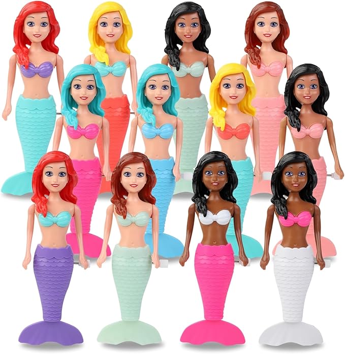 Mermaid Bath Toys for Toddlers Kids Girls - Princess Wind Up Tail Flap Floating Water Bathtub Toys, Swimming Pool Bathing Time Fun (12 Pack)