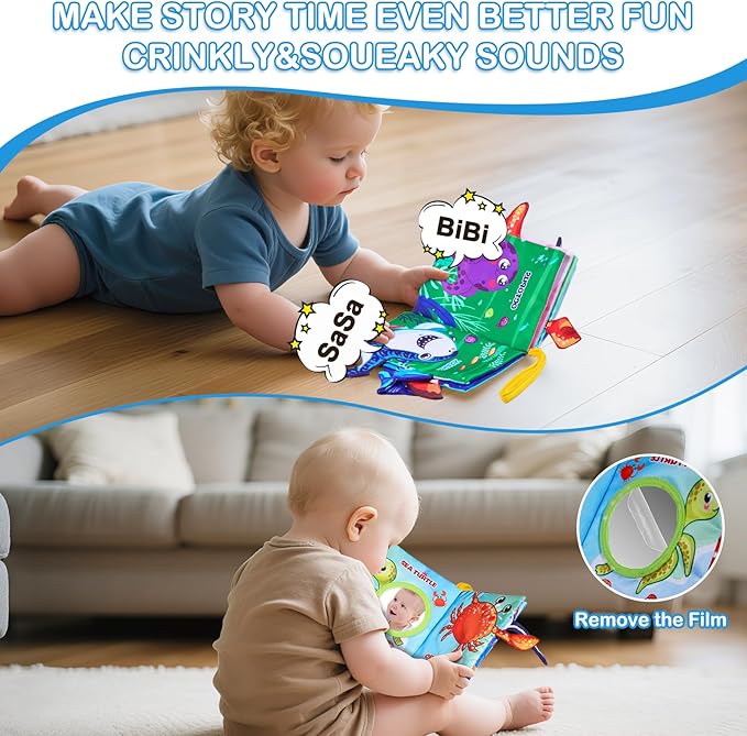 Baby Books Toys,Touch and Feel Crinkle Cloth Book for Infant Baby 0-18 Months Sensory Book for Babies,Teething Toys Tummy Time Crinkle Book for Infant Babies,Newborn Stocking Stuffers