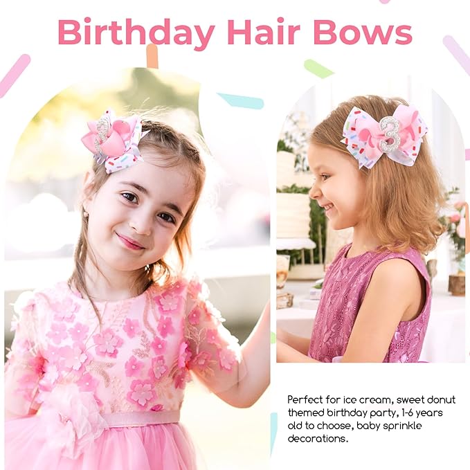 2PCS Hair Bows for Baby Girls Birthday - 3rd Birthday Hair Bow Sweet Theme with Ice Cream Party, Pink Hair Accessories for Baby Toddler 1 2 3 4 5 6 Years, Outfit & Decorations