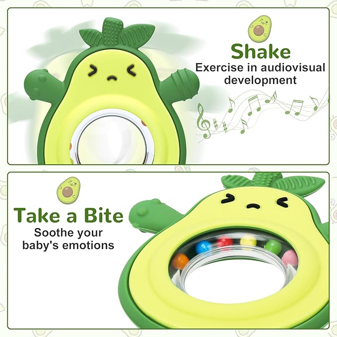 MISSLILI Teething Toy for Babies, Silicone Avocado Shape with Rattle Teether for Infants 0-3-6-12 Months, Sensory Chew Toys Teething Relief for Boys and Girls, BPA Free