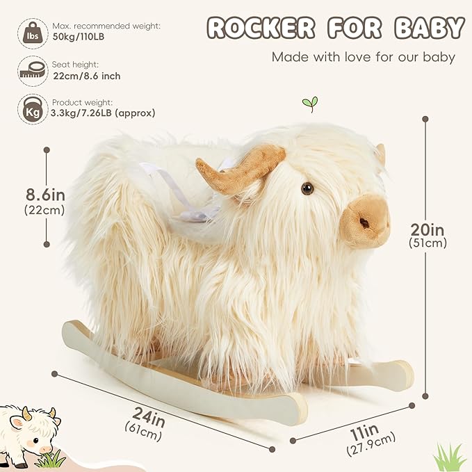 Baby Rocking Horse,Highlander Cattle Toddler Rocking Toy for 1+ Year Old Cute White Cow Stuffed Cow Rocker Toy Rocking Animal for Baby Boys and Girls Nursery/Child Christmas or Birthday Gift