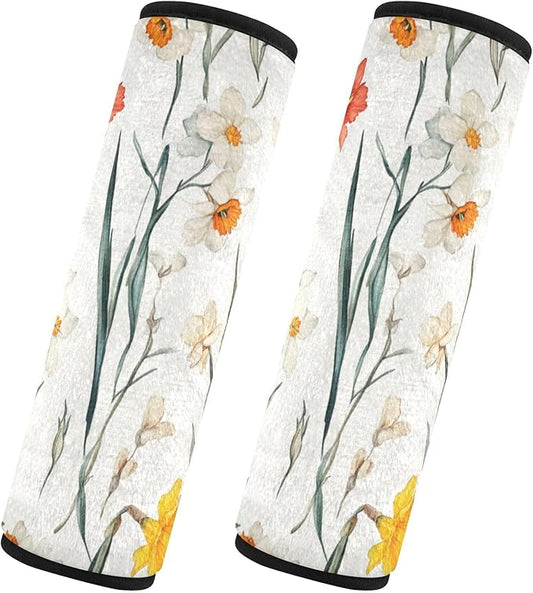 Car Seat Belt Pads Covers 2 Pack Breathable Seat Belt Shoulder Strap Covers Pad for Adults Child Kids S Fall Flowers Daffodil Carnation Freesia White