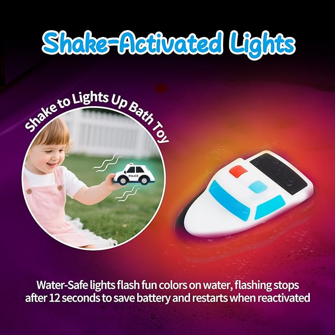 Light Up Bath Toy -Police Car, 100% Food Grade Silicone Bathtub Toys, Shake-Activated Light Up Airplane Toy Flash & Lights Color Change, Soft & Squeezable for Baby&Toddler (1 Pack)