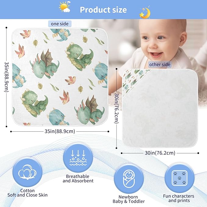 Kigai Cute Dragon Muslin Hooded Baby Towel Ultra Soft and Absorbent Bath Towel for Boy Girl Cotton Baby Bathrobe Blanket for Newborn Infant Toddler, 30x30 Inch