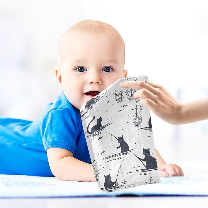 vvfelixl Baby Muslin Washcloths Cat Fishing Baby Burp Cloths Cotton Babys Face Towel for Newborn Infants Boys Girls Soft and Absorbent 11.8 X 11.8 in, 3 Pack