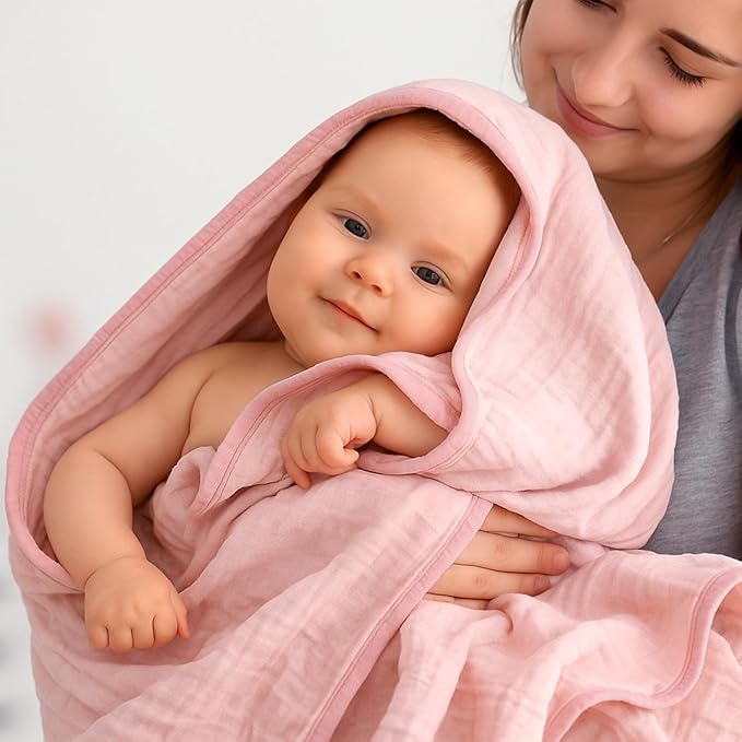 Hahafelt 2 Pcs Pink Bow Baby Hooded Towels for Newborn 100% Muslin Cotton Baby Bath Towel with Hood for Babies Infant Toddler and Kids Large 32x32inch Soft Absorbent Kids Essential Gift