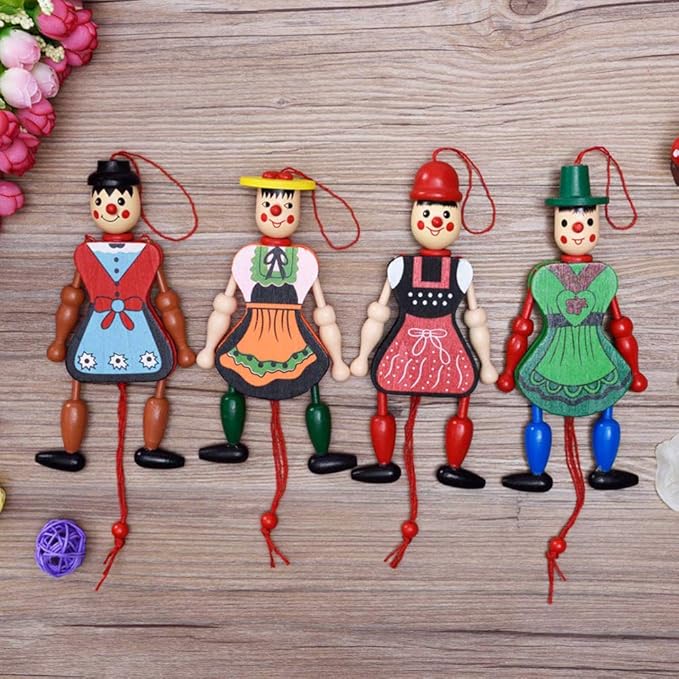 Pull String Puppet Toy 4 Pieces, Creative Puppet Toy Funny Wooden Toy Ornament Hanging Children Birthdays Gift