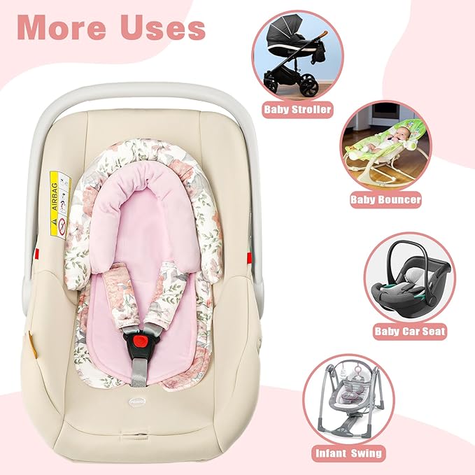 Infant Car Seat Insert, Baby Car Seat Head & Body Support with Strap Pads, Soft Newborn Preemie Carseat Insert Cushion for Girls Boys, Fits Car Seat, Stroller, Swing, Bouncer, Pink Floral