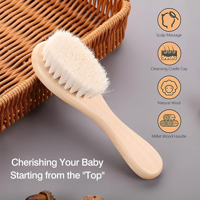 2 Pack Baby Hair Brush with Wooden Handle and Super Soft Goat Bristles for Newborns Toddlers