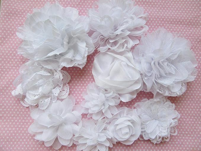 YYCRAFT 15pcs White Chiffon Flower for Girls Headband Baby Flowers Bows,Crafts,Party Decoration(2"-4.5")