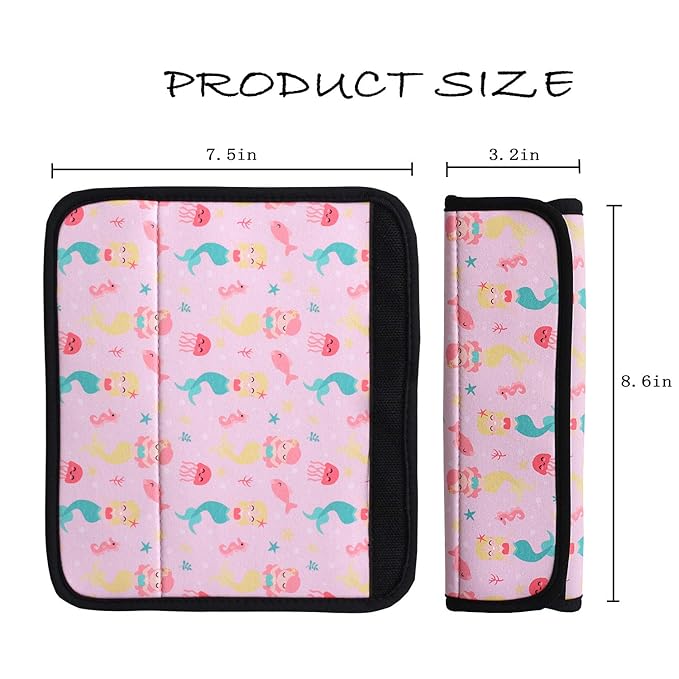 2 Pack Seat Belt Covers for Kids, FRRIOTN Soft Comfort Seat Belt Cushion for Children, Cute Cartoon Pattern Car Seat Belt Pads Cover for Girls and Boys (Pink Mermaid)
