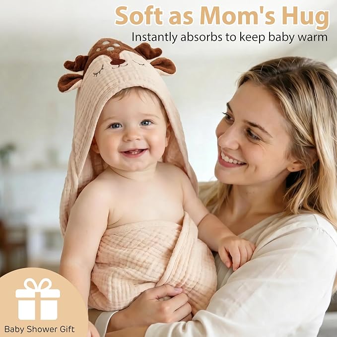 4 PCS Muslin Baby Bath Towels Set, 100% Cotton 2 PCS Animal Hooded Baby Towels 32x32 Inch & 2 PCS Washcloths, Ultra Absorbent & Soft Infant Newborn Essentials Gifts for Boys & Girls, Elephant & Deer