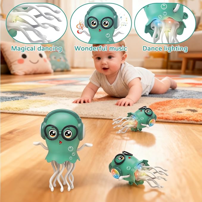 Magic Electric Dancing Jellyfish Toy with Led Light and Music,Playful Automatic Steer Crawling Dancing Baby Toy with Smart Tentacle Explorer,Octopus Toy,Tummy Time Toys(Green)