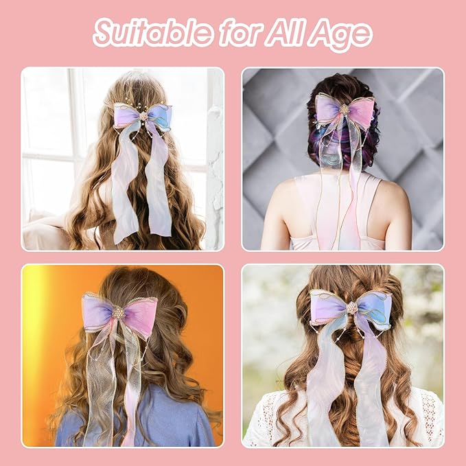 Qianyu 2 PCS Hair Bows for Girls Colorful Little Princess Lace Mesh Hair Clips Extended Ribbon Can Braid Summer Rainbow Bows Alligator Clips for Toddlers Baby Girls Kids Teens (Purple+Blue)