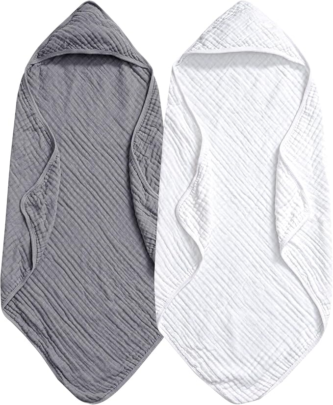 PHF 2 Pack Baby Hooded Towels, 100% Muslin Cotton Baby Bath Towel with Hood for Newborn, Infant, Toddler, Ultra Soft and Absorbent Baby Essentials Bath Towels for Boys Girls, 32x32Inch, White & Grey