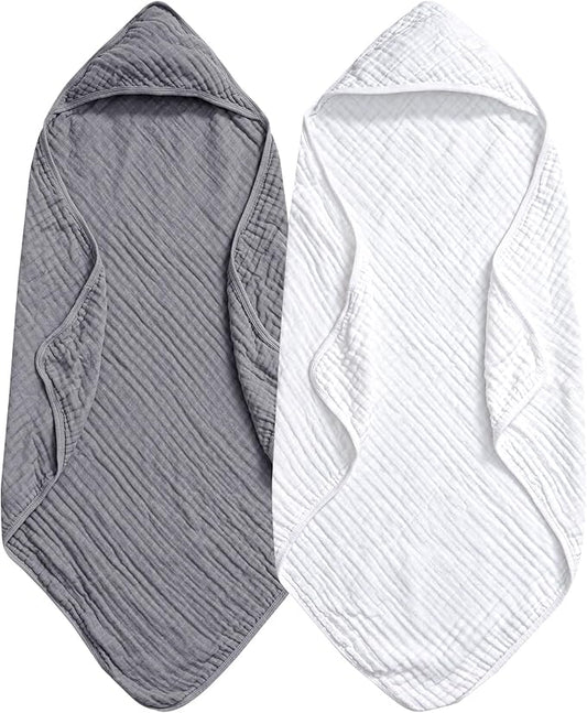 PHF 2 Pack Baby Hooded Towels, 100% Muslin Cotton Baby Bath Towel with Hood for Newborn, Infant, Toddler, Ultra Soft and Absorbent Baby Essentials Bath Towels for Boys Girls, 32x32Inch, White & Grey