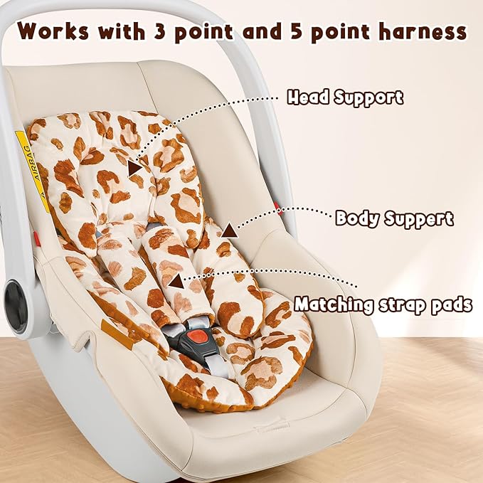 Infant Car Seat Insert Head and Body Support, GFU Reversible Newborn Insert for Carseat With Strap Pads, Soft Stroller Cushion Pillow Insert for Boys and Girls, Fits for Stroller, Swing, Leopard Print