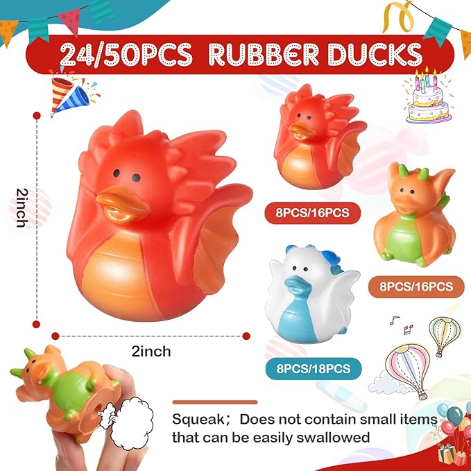 Deekin 50 Pcs Assorted Rubber Ducks in Bulk, 2 Inch Rubber Duckies for Party Supplies, Mini Bath Toys for Baby Shower Pool Party (Dragon)