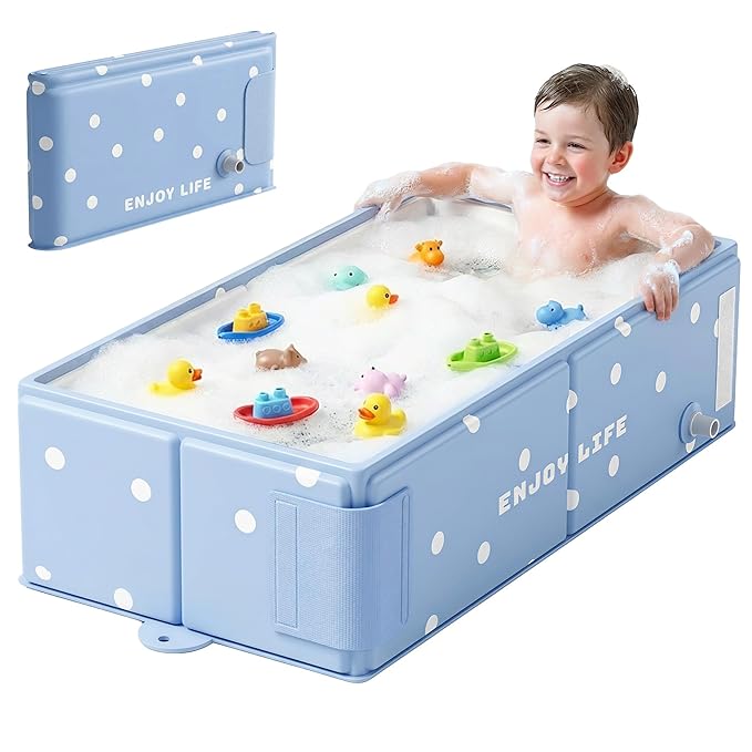 Collapsible Baby Bathtub for Newborn to Toddler, Foldable Toddler Bathtub with Drain Plug, Non-Slip Portable Infant Bath Tub for Travel Storage Outdoor Use, Milk Blue