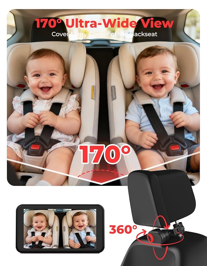 Luckview BM2A Baby Car Camera, Night Vision & 5.2" 1080P Display for Rear-Facing Car Seats, Easy No-Damage Install, Patented Anti-Shake Mount – Ideal for Parents and Pet Owners