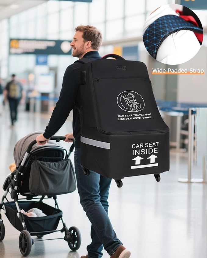 MCBD Car Seat Travel Bag for Airplane, Foldable Baby Carseat Backpack for Travel Padded Carseat Carrier for Airport Gate Check, Infant Stroller Cover with Reflective Strips