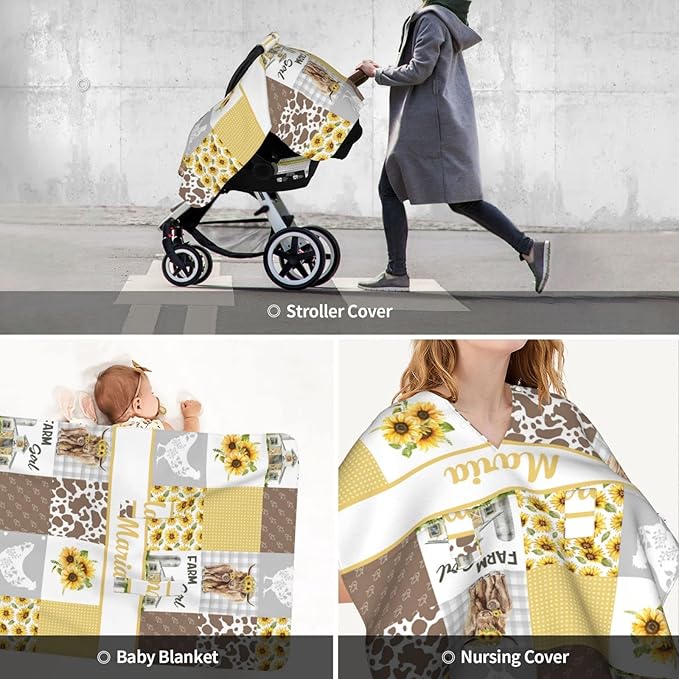 Personalized Baby Car Seat Canopy for Boys Girls, Custom Name, Sunflower Cow Pattern, Water Resistant, Polyester, Car Seat Cover