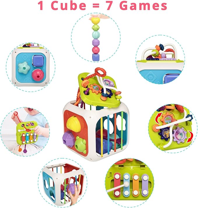 Aprilwolf Montessori Toys for Toddlers, 7-in-1 Activity Cube, Shape Sorter Toy| Baby Developmental Learning Toys| First Birthday Gifts