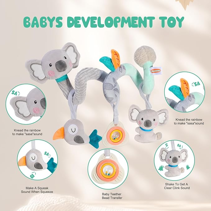 Baby Spiral Car Seat Toy, Stroller Hanging Sensory Toy for Newborn 0-12 Months, Soft Plush with Rattle Crinkle Teether, Koala Bird Activity Toy for Infant Boys Girls