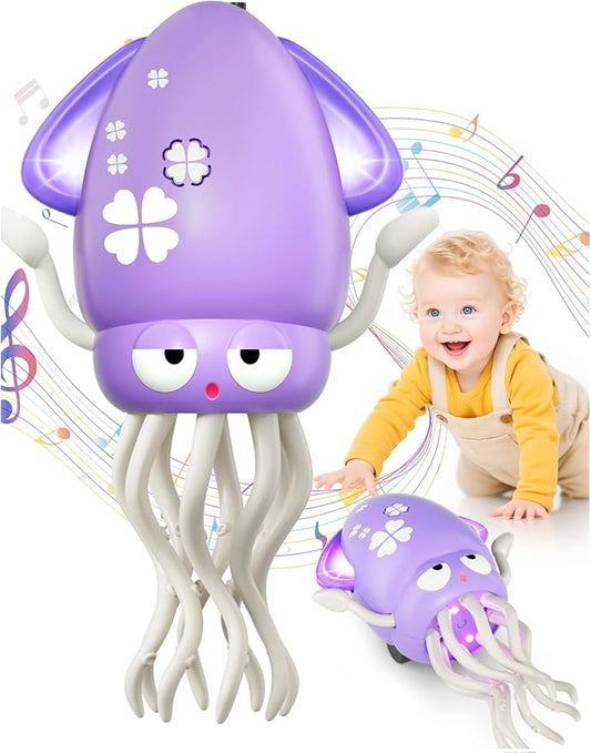 WAVISA Dancing Squid Baby Toy Gifts, Dancing Octopus Tummy Time Toys for 3-6 Months, Crawling Octopus with Music and Light, Squid Baby Toy for 3 4 5 6 7 8 9 10 11 12 Toddler Boy Girl Birthday Gifts