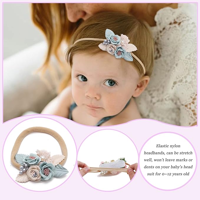 Baby Girl Flower Headband 6 PCS Elastic Hairbands Handmade Nylon Bows Headbands Chic Floral Hair Accessories Kids Gifts for Newborn Infant Toddlers