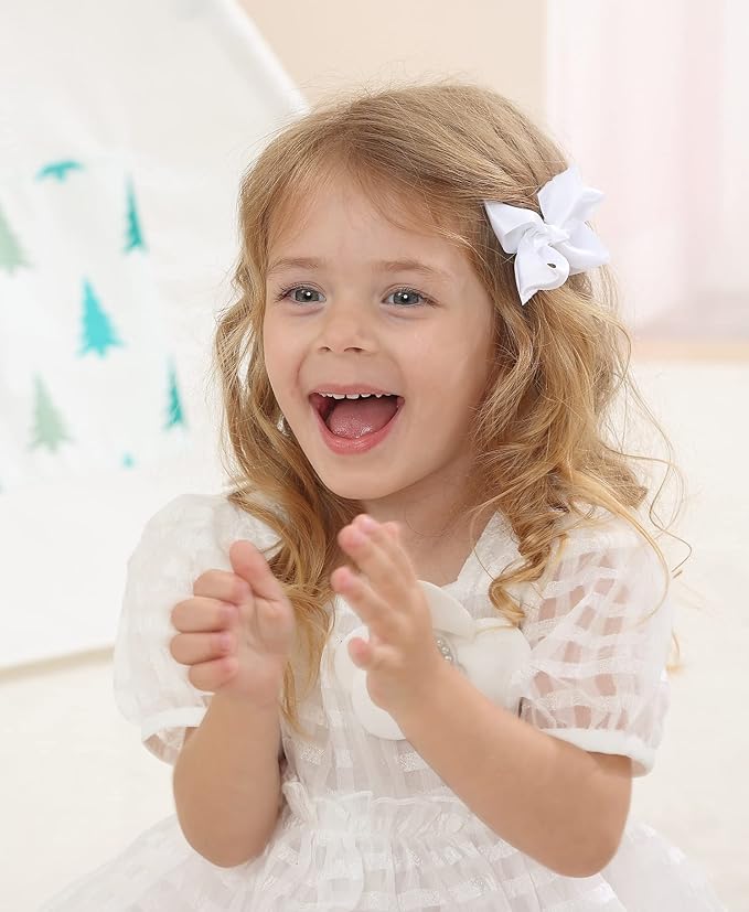 3 Inch Satin Bow for Little Girls - 2 Pcs (White)