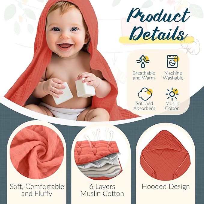 VitalCozy 12 Pcs Baby Muslin Hooded Bath Towels and Washcloths Muslin Cotton Hooded Baby Towels Absorbent Blankets for Gift Newborn Infant Shower (32 x 32 Inch,Colorful)