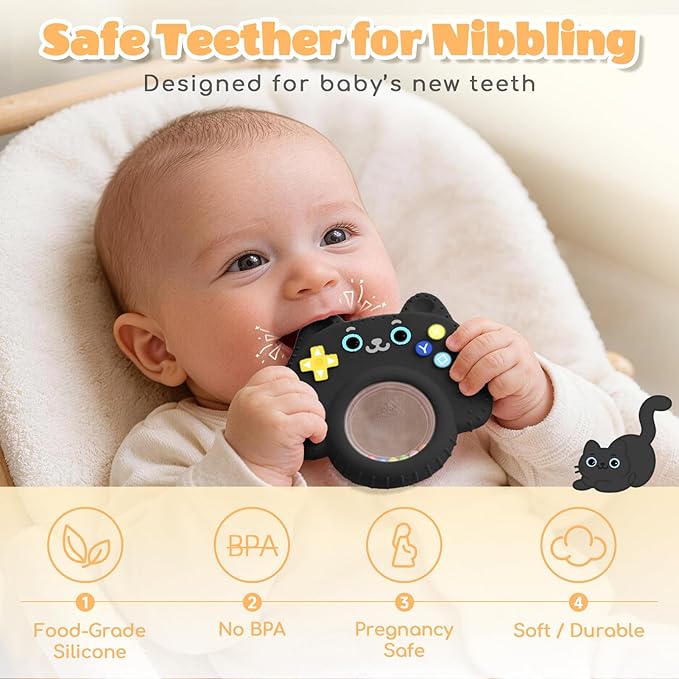 Silicone Baby Teething Toys for 0-6-12 Months, Kitten Remote Rattle Teether for Infant Gum Relief, No BPA Chew Toy for Infant 0-3-6-9-12, Easy-Grip Ring Gift for Travel & Bath
